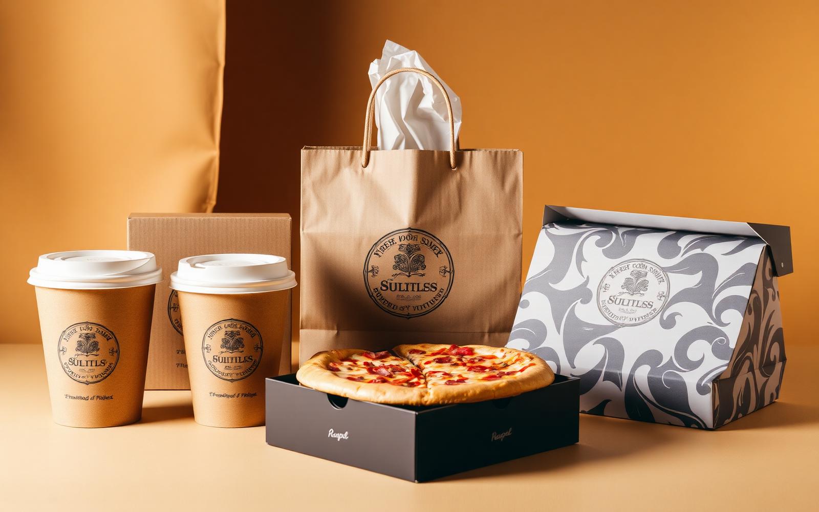 Custom printed branded packaging: coffee cups, paper bags and pizza boxes